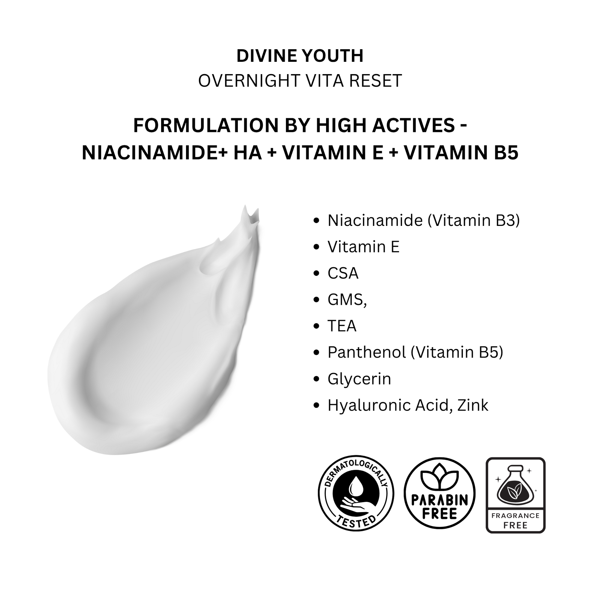 Divine Youth | Overnight Vita Reset | high concentrated Niacinamide(Vitamin B3)+ HA + Vitamin E + Vitamin B5