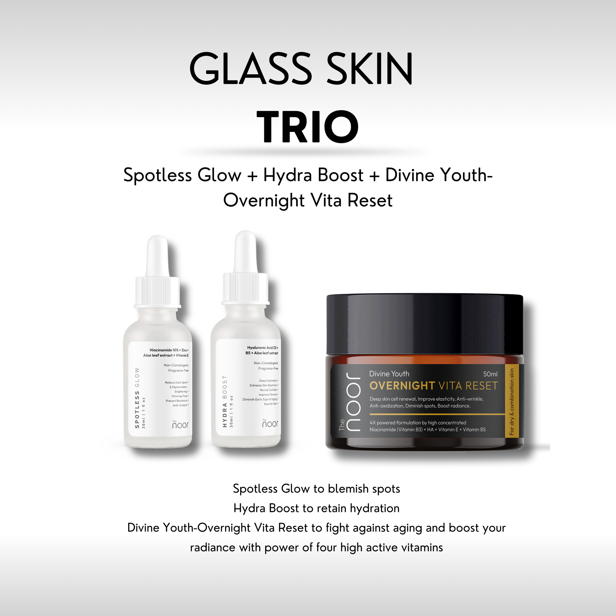 GLASS SKIN TRIO | Spotless Glow + Hydra Boost + Divine Youth-Overnight Vita Reset