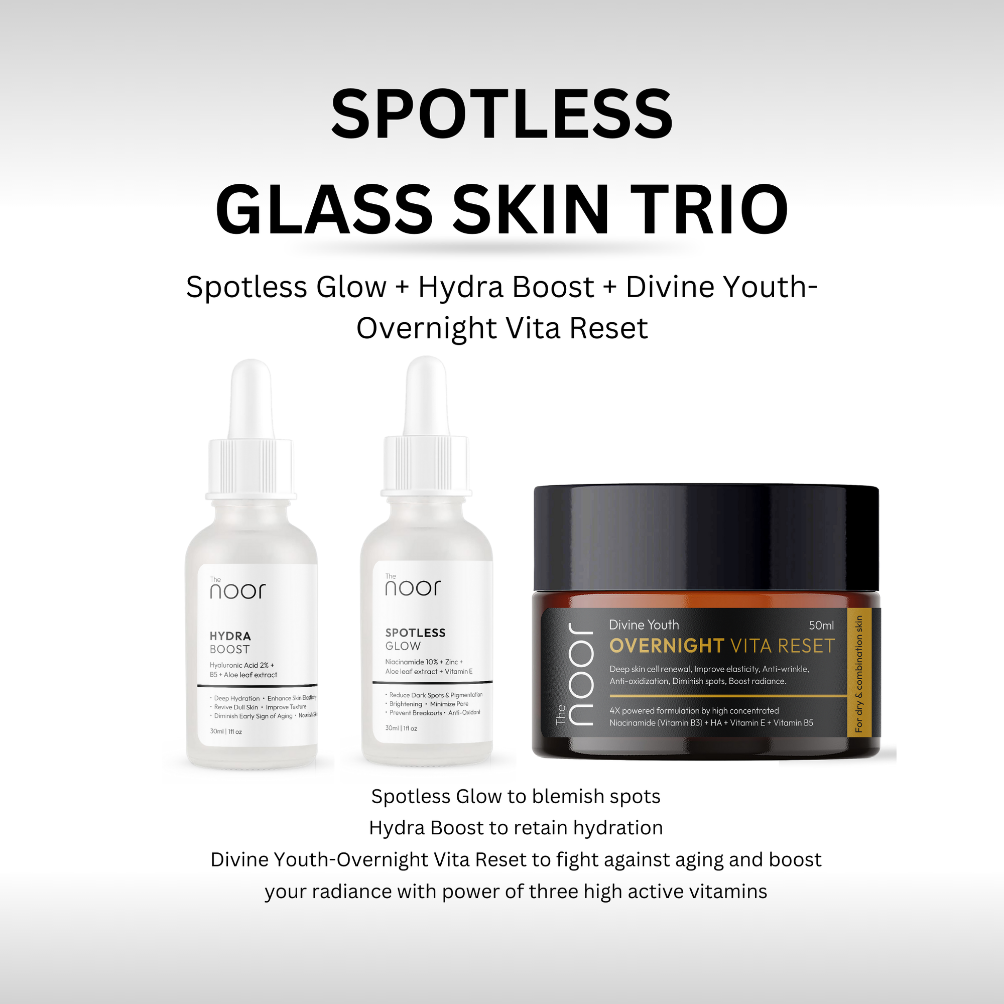 SPOTLESS GLASS SKIN TRIO | Spotless Glow + Hydra Boost + Divine Youth-Overnight Vita Reset
